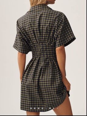 Exquise Tobie Collared Button-Down Mini Shirt Dress Anthropologie Navy Plaid New